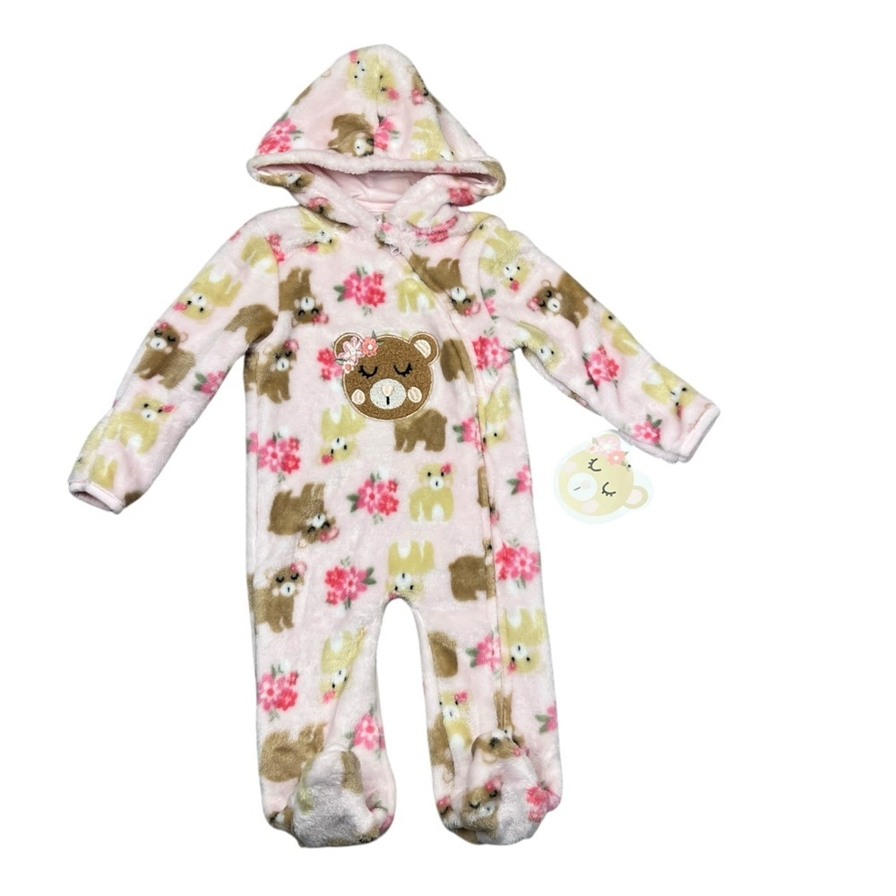 Adorable Fleece Pink Bear Print Kids One Piece